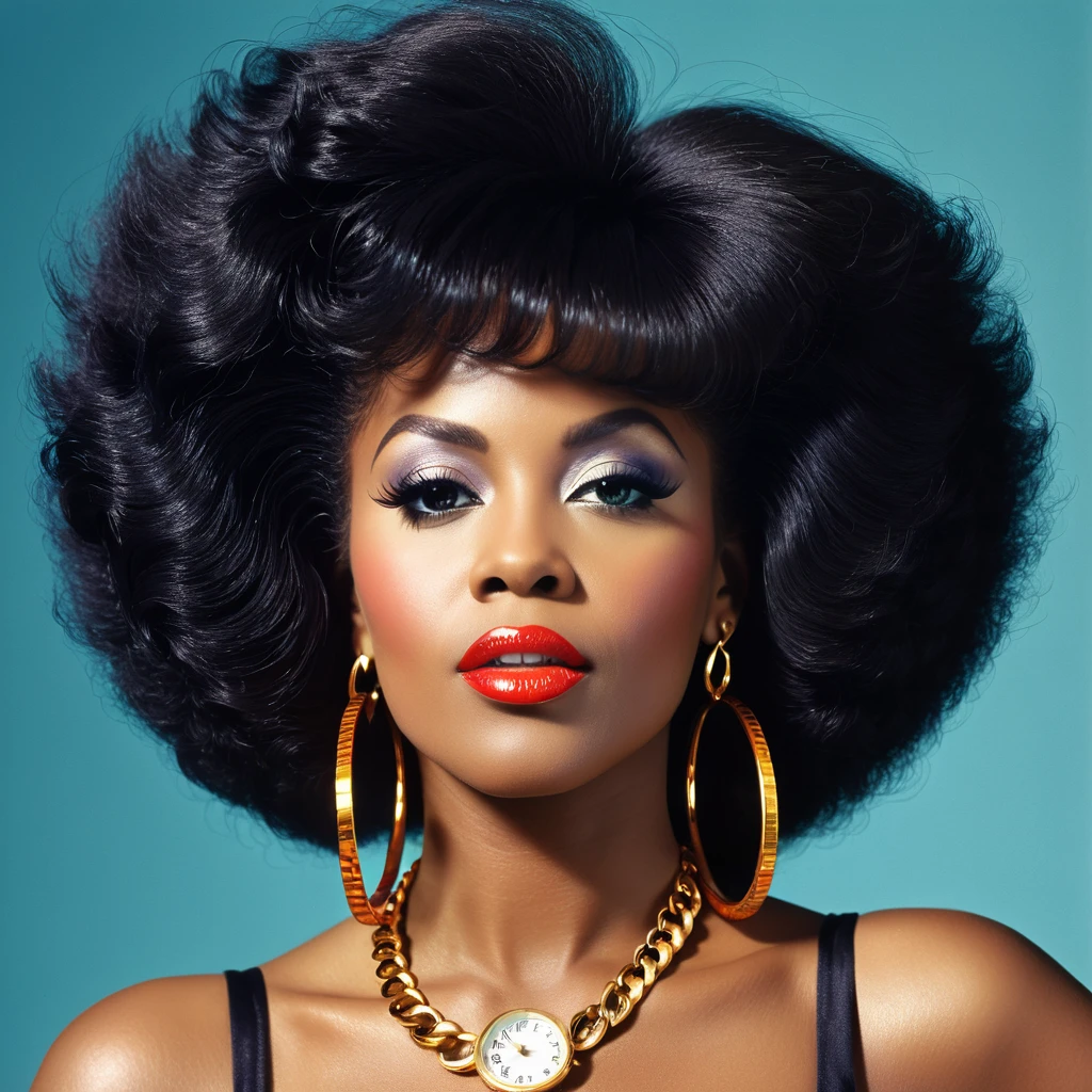 1 beautiful black female, 1970s retro style, vinyl album cover, R&B music, Cookie Eaton, (best quality,4k,8k,highres,masterpiece:1.2),ultra-detailed,(realistic,photorealistic,photo-realistic:1.37),studio lighting,fine details,vibrant colors,analog textures,dramatic lighting,moody atmosphere,glamorous portrait,confident pose,natural hair,hoop earrings,Clock Out