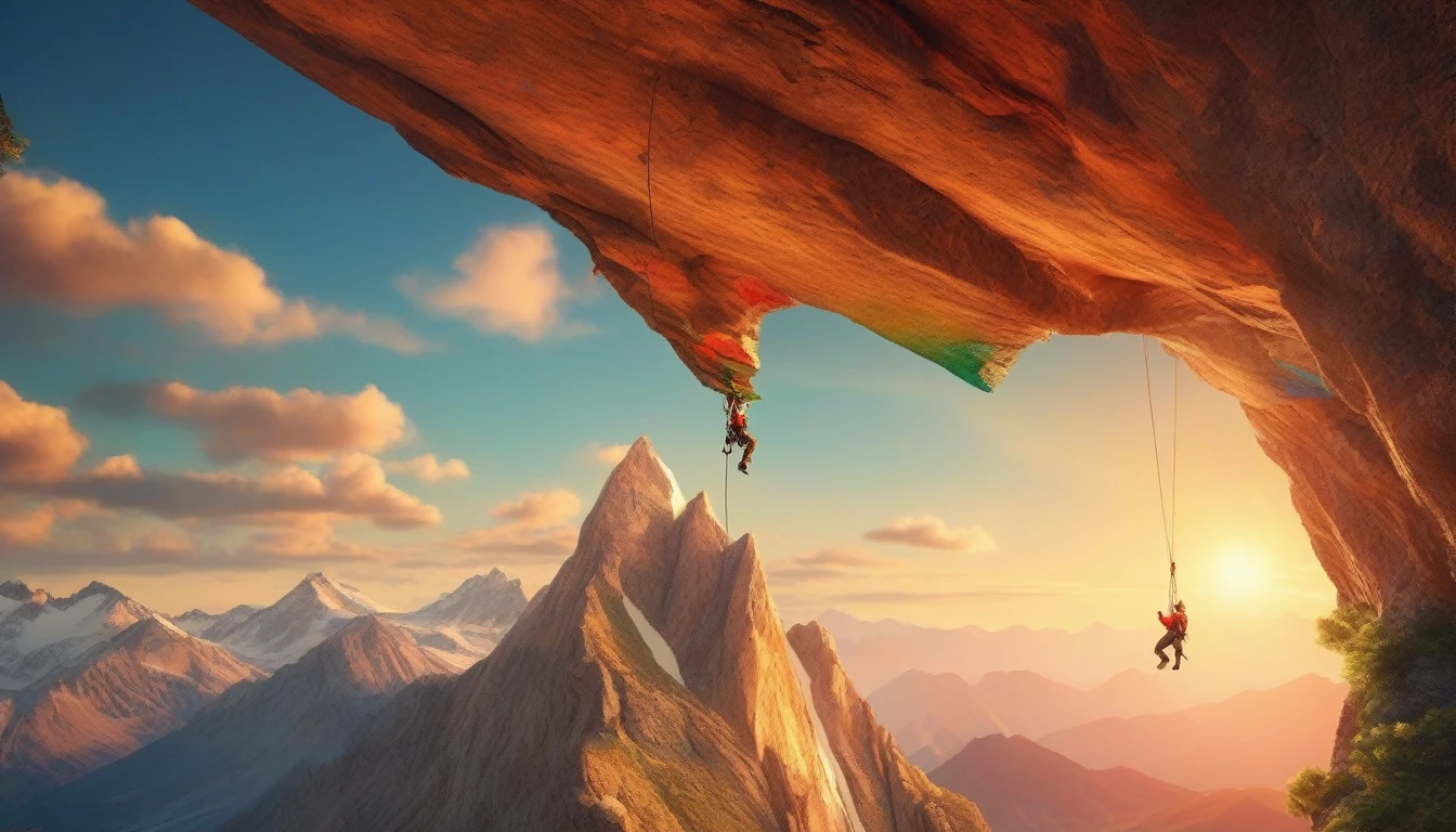 A colorful and eclectic photograph in a photorealistic and cinematic style. A climber hanging in the middle of climbing a very high mountain, enjoying a small and single slice of pizza at a stop, seen in full body, further away on the screen, from head to toe. The climber is holding the small slice of pizza with one hand and the slice has hot cheese melting and oozing out. In the background there is a mountain range and the sky is very blue and illuminated by the bright sun. A playful and magical atmosphere, the work presents a layered, three-dimensional quality, as if different elements had been glued to the canvas in a natural and realistic way. The composition evokes a feeling of introspection and complexity of thought. The mixed media feel of the piece contributes to the tactile and immersive experience, inviting the viewer to explore the depths of the climber's thoughts and emotions. Add more, photo, fashion, vibrant, 3D rendering, cinematic, landscape.