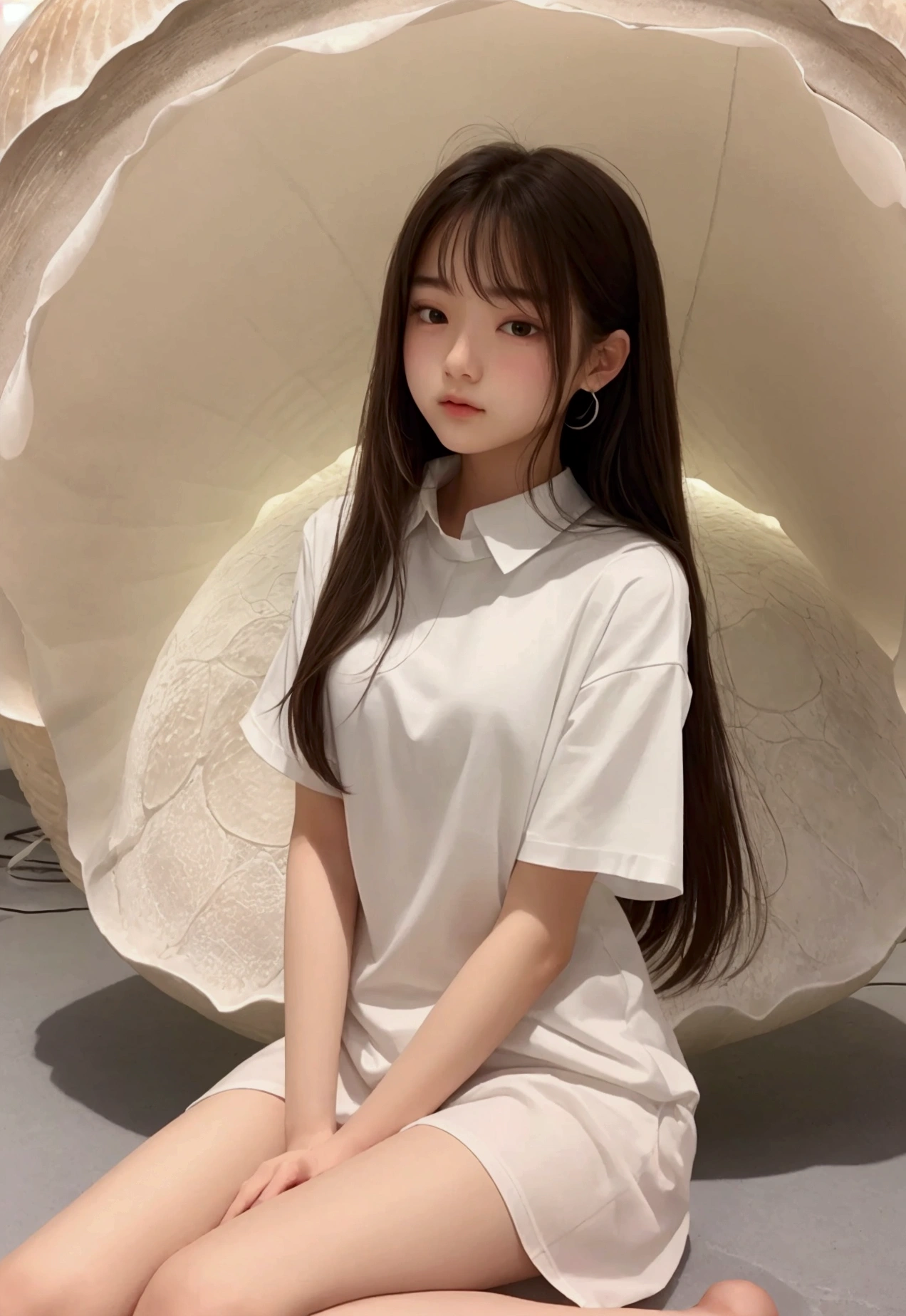 Teenager in white shirt,Sitting in a giant shell,pearl