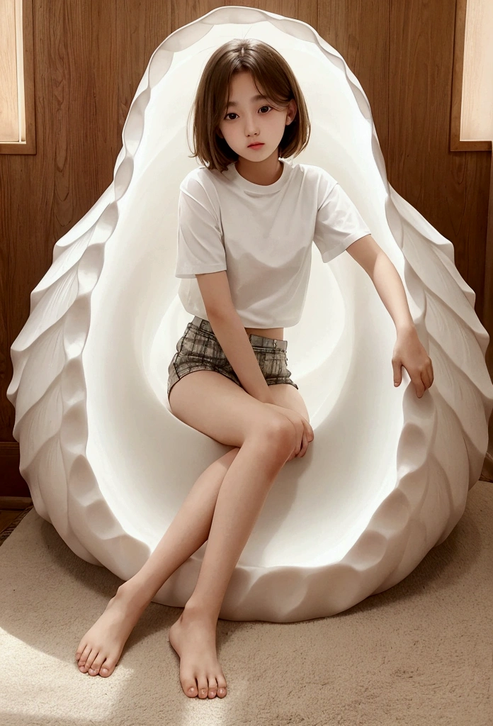 Teenager in white shirt,Sitting in a giant shell,pearl