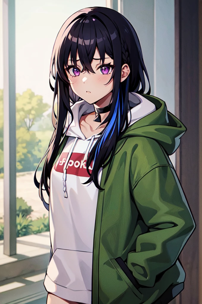 One Girl, alone, Aurha, Long Hair, Multicolored Hair, Black choker, White hoodie, Lower the hood, Green jacket, Open jacket, Bottomless, Anime Style, Pop Style