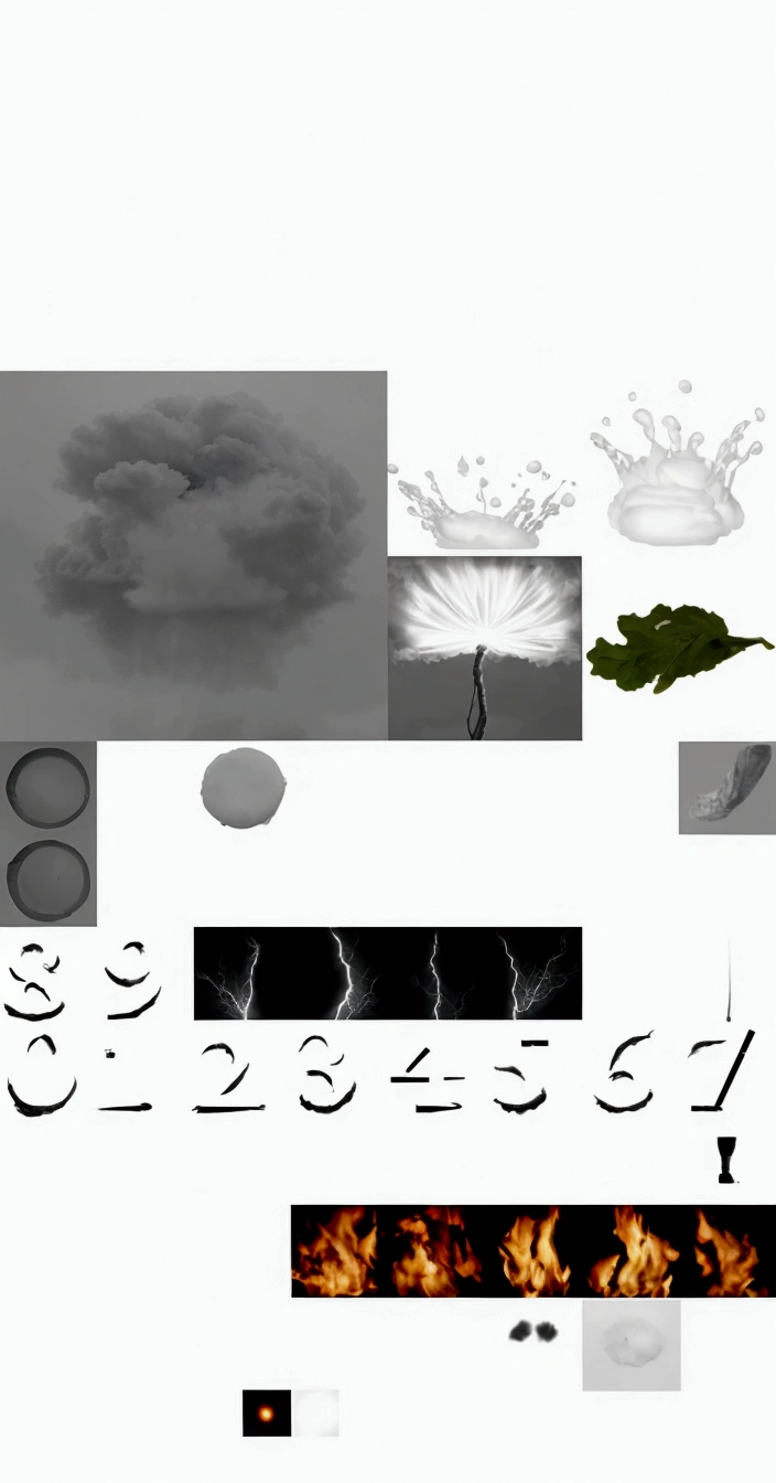 cloud, fire, Super detail of each object, photoshopped brush, photoshopped, with small details of objects, Lots of elements, detailed lighting and thunder, Rarefied floating particles, Material package, diffuse texture, Image Dataset, mostly shades of gray, Texturing, rendering
