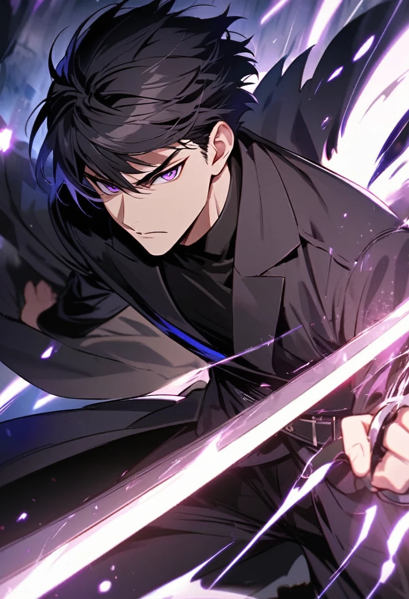 handsome, alone, 1 man, short hair, black hair, purple eyes, black shirt, black coat, Lots of power,fighting with sword