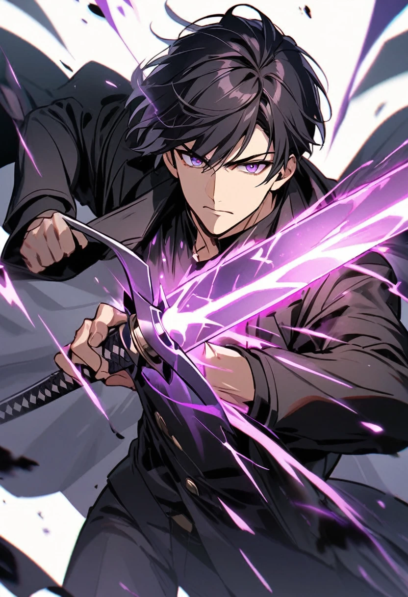 handsome, alone, 1 man, short hair, black hair, purple eyes, black shirt, black coat, Lots of power,fighting with sword