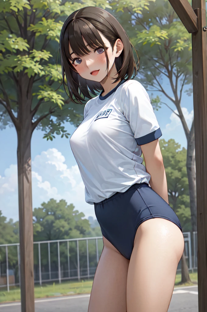 masterpiece, best quality, highres, aanene, short hair, buruma,gym uniform, standing, cowboy shot, outdoors, ahegao,nsfw,