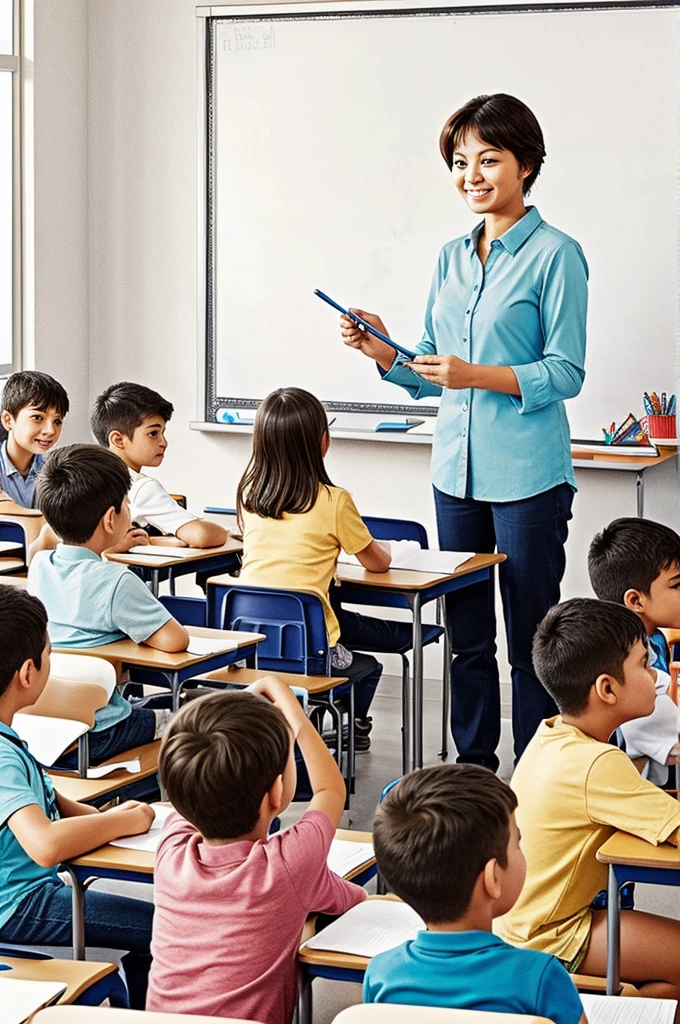 a drawing of a teacher in a classroom with a group of students. simple easy to draw