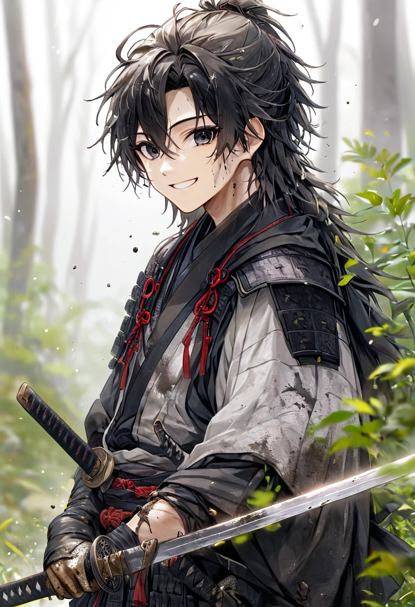 Ronin, Dirty, Boy, Two sword, black eyes, black samurai long unkempt hair, ragged body, gray- white Torn clothes, Smile, nature background.
