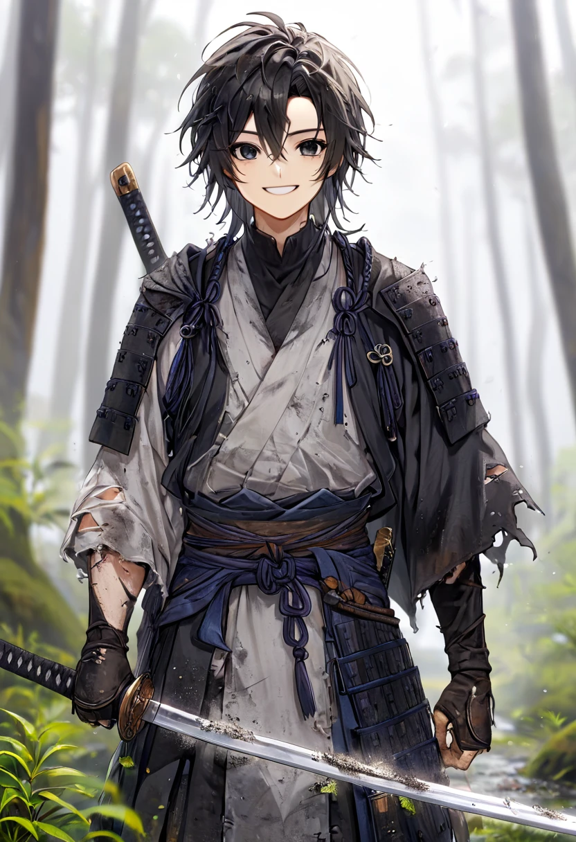 Ronin, Dirty, Boy, Two sword, black eyes, black samurai long unkempt hair, ragged body, gray- white Torn clothes, Smile, nature background.