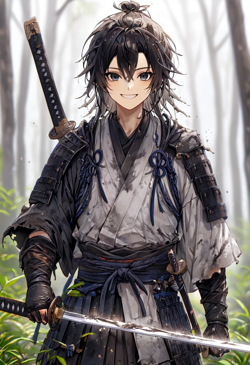 Ronin, Dirty, Boy, Two sword, black eyes, black samurai long unkempt hair, ragged body, gray- white Torn clothes, Smile, nature background.