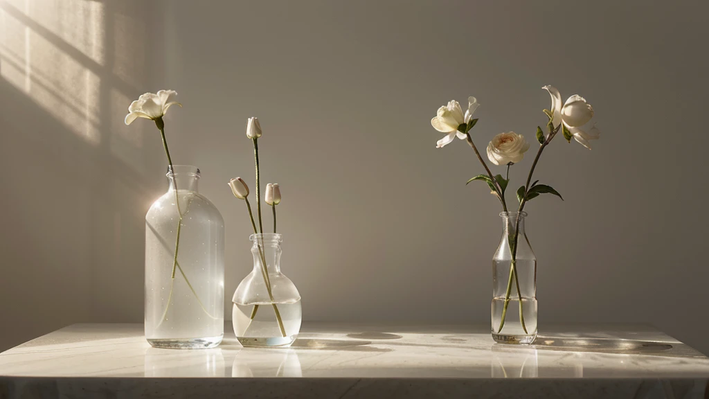 Capture the essence of simplicity and tranquility with an extreme long-shot of a (small vase containing two delicate roses:0.3) against a minimalist, soft-toned background. The interplay of light and shadow adds depth, highlighting the natural beauty of the flowers, while the vast negative space emphasizes the serene atmosphere.