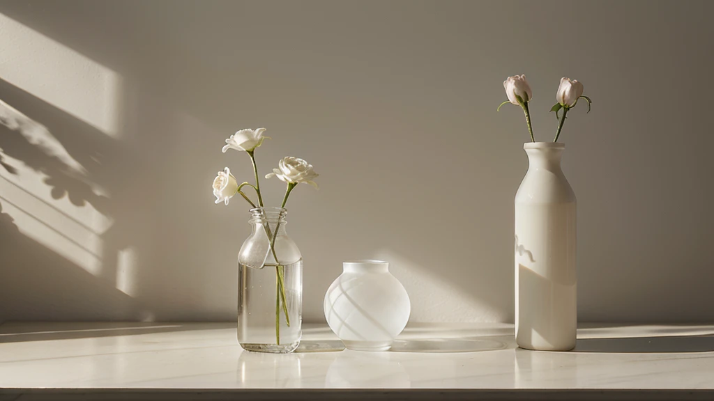 Capture the essence of simplicity and tranquility with an extreme long-shot of a (small vase containing two delicate roses:0.3) against a minimalist, soft-toned background. The interplay of light and shadow adds depth, highlighting the natural beauty of the flowers, while the vast negative space emphasizes the serene atmosphere.