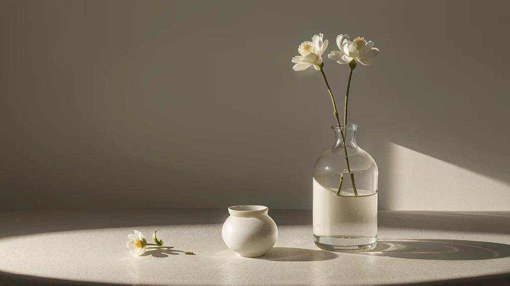Capture the essence of simplicity and tranquility with an extreme long-shot of a (small vase containing two delicate roses:0.3) against a minimalist, soft-toned background. The interplay of light and shadow adds depth, highlighting the natural beauty of the flowers, while the vast negative space emphasizes the serene atmosphere.