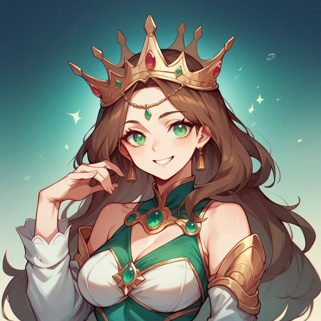 A woman with brown hair and green eyes in royal clothes along with a crown on her head with a bright smile