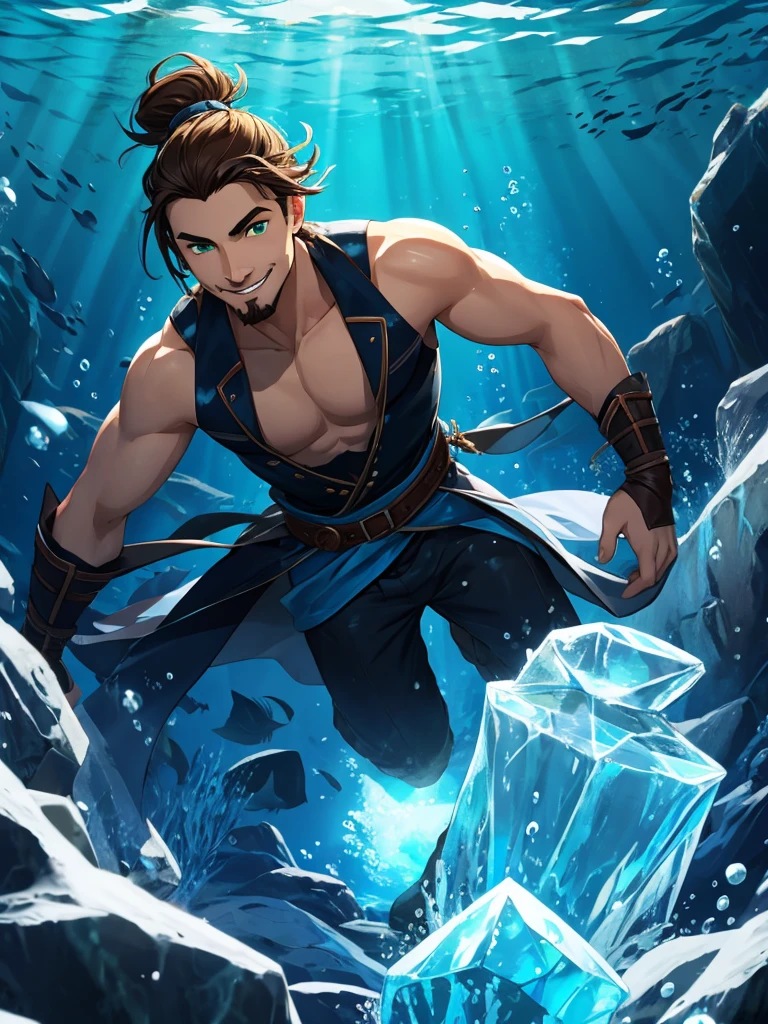 Dark blues colors. In the deep sea frozen waters, a boy is underwater. It is very dark, there is almost no light. He has brown hair held in a manbun, a short mustache and goatee, a very hooked nose and green eyes. His face is gentle with angular bone structure and he's smiling gently. he wears fur and leather clothe. He wields water and ice magic around him.