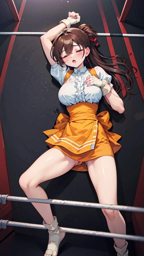 Highest quality,masterpiece,Lying down,sleep,(Arm down,Lower your hands,レスリングのリングにLying down, WWE Divas,Wrestling Arena,Wrestling ring background, Boxing ring background), 仰向けにsleep, Lack of stamina, Ryona, Hitting a girl, death is near,タケユカ 超ロングヘア ヘアribbon, Frilled shirt, Underbust, ribbon, Fingerless gloves, White gloves, Waist apron, Orange Skirt, socks, Toeless legwear,winner, Nice, winner, (Moaning , Open your mouth), ((Arm down, 仰向けにsleep, 地面にsleep, lose consciousness, Unconscious, Lower your hands,)), , ( Tilt your head),