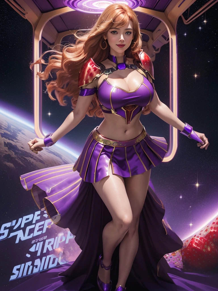 AMBER HEARD, Supergirl, 27 years old, full body view Beautiful woman (((shoulder length wavy strawberry blonde hair, two side up with bangs))) defined body, Red lipstick, smiling, hands free, standing facing camera, (( short sleeve, two piece knee length sparkling purple futuristic body armor with matching purple skirt)), space station orbiting earth, (large_breasts:1.3) (curvy:1.2)