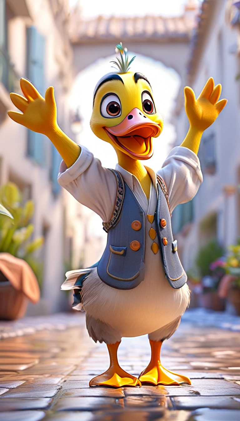 cute male duck, cartoon , arms, hands ,cute eyes, looking at viewer, arms up, french clothes, flawless, white background
