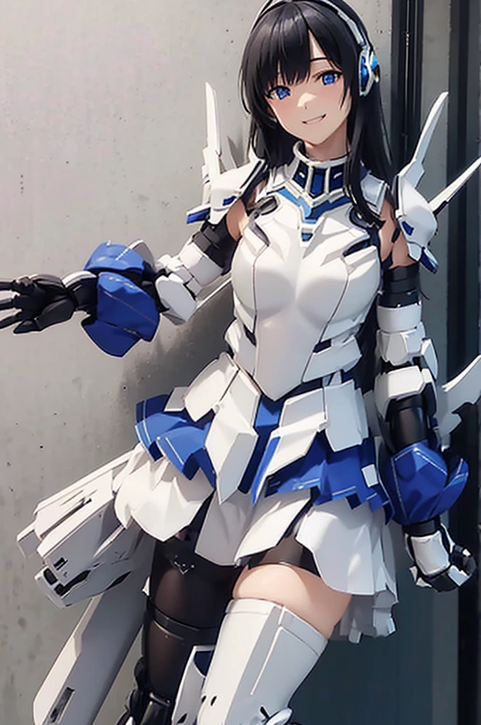 Mecha Wings、White and blue skirt、Accentuated thighs、White tights、chest、Beautiful black hair、1 girl、solo girl、Thick thighs、is、Frame Arms Girl、Alice Gere Aegis、White Armor、Blue and purple lines、income、headphone、hand on own chest、smile