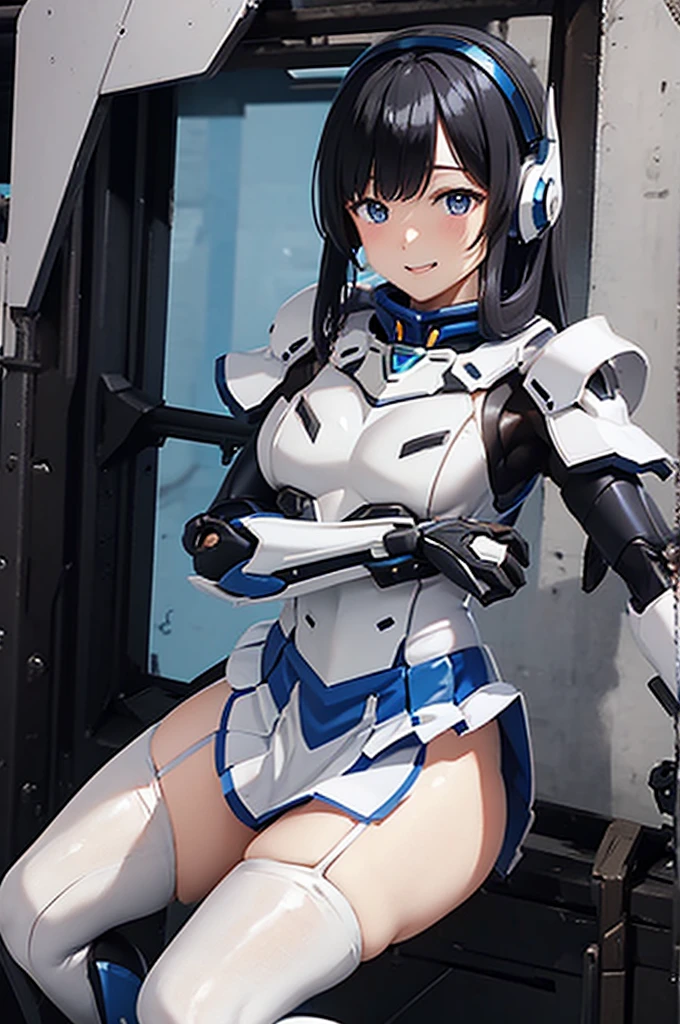 Mecha Wings、White and blue skirt、Accentuated thighs、White tights、chest、Beautiful black hair、1 girl、solo girl、Thick thighs、is、Frame Arms Girl、Alice Gere Aegis、White Armor、Blue and purple lines、income、headphone、hand on own chest、smile