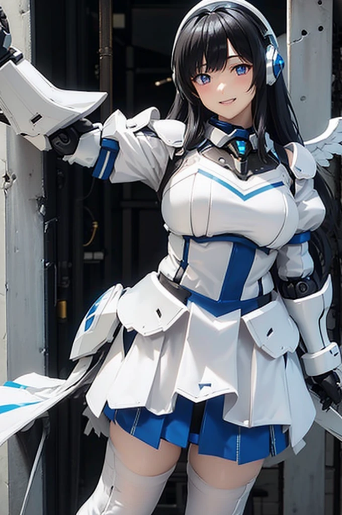 Mecha Wings、White and blue skirt、Accentuated thighs、White tights、chest、Beautiful black hair、1 girl、solo girl、Thick thighs、is、Frame Arms Girl、Alice Gere Aegis、White Armor、Blue and purple lines、income、headphone、hand on own chest、smile