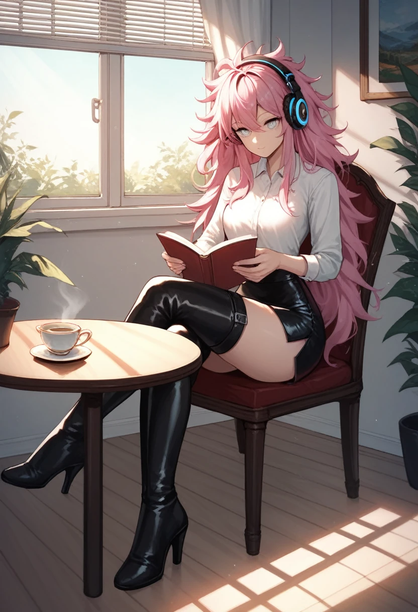score_9, score_8_up, score_7_up, score_6_up, score_5_up, score_4_up, source_anime, 1girl, sit, chair, table, headphones, pink hair, long hair, white eyes, reading books, sexy pose, messy hair, white shirt, leather skirts, thigh high boots, black boots, living room, windows, tea, evening, best quality, best res, 4K UHD,