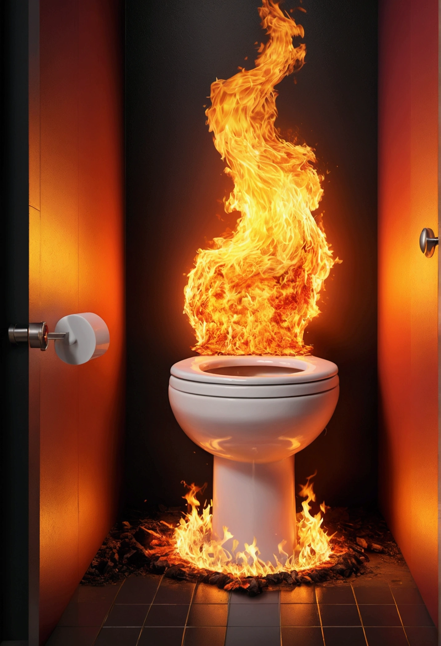 Create a realistic image of a toilet burning in flames in the middle of hell 