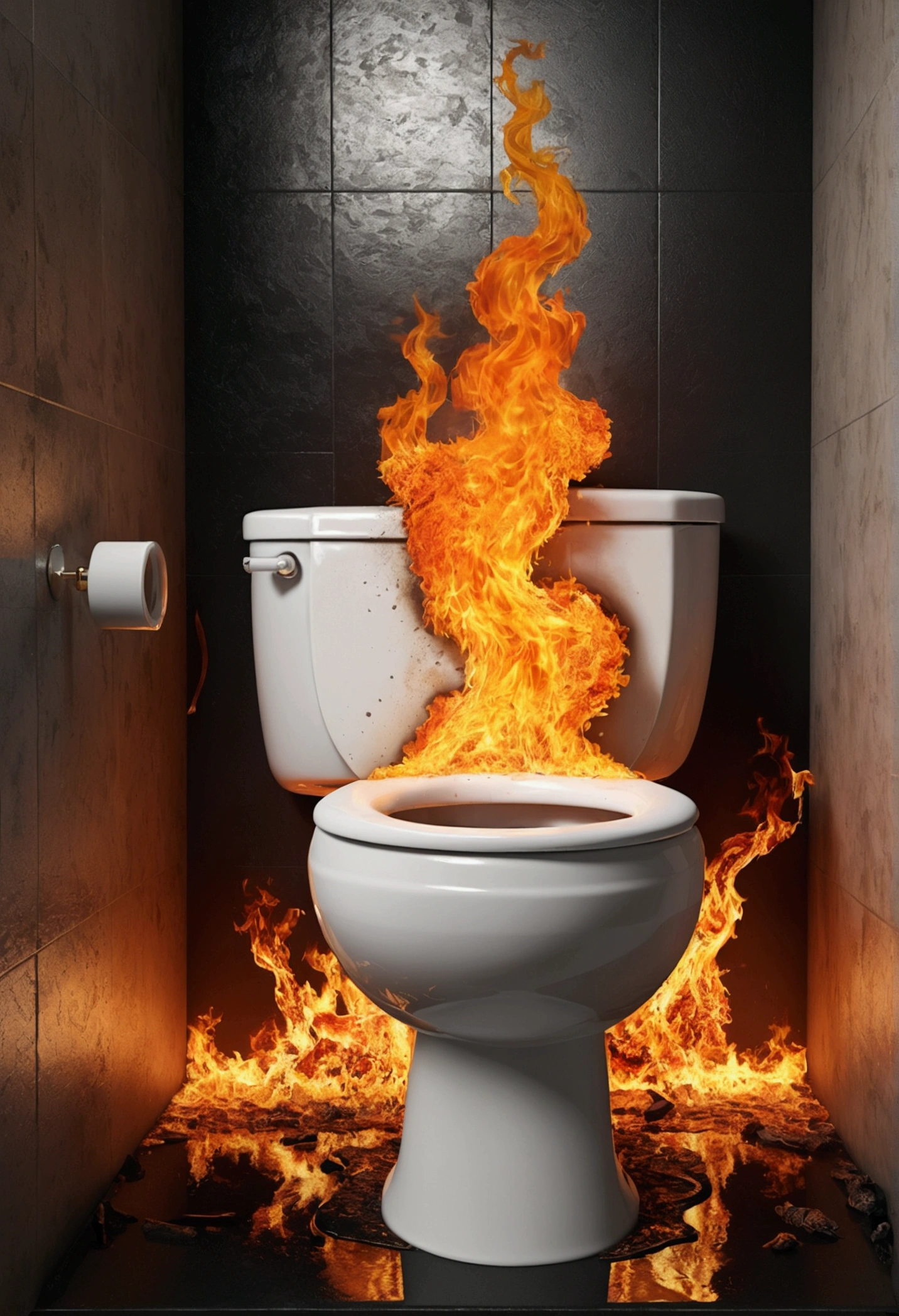 Create a realistic image of a toilet burning in flames in the middle of hell