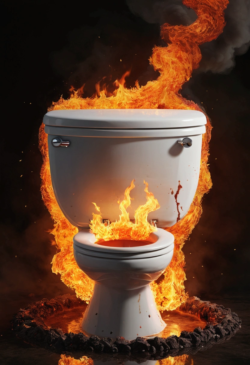 Create a realistic image of a toilet burning in flames in the middle of hell 