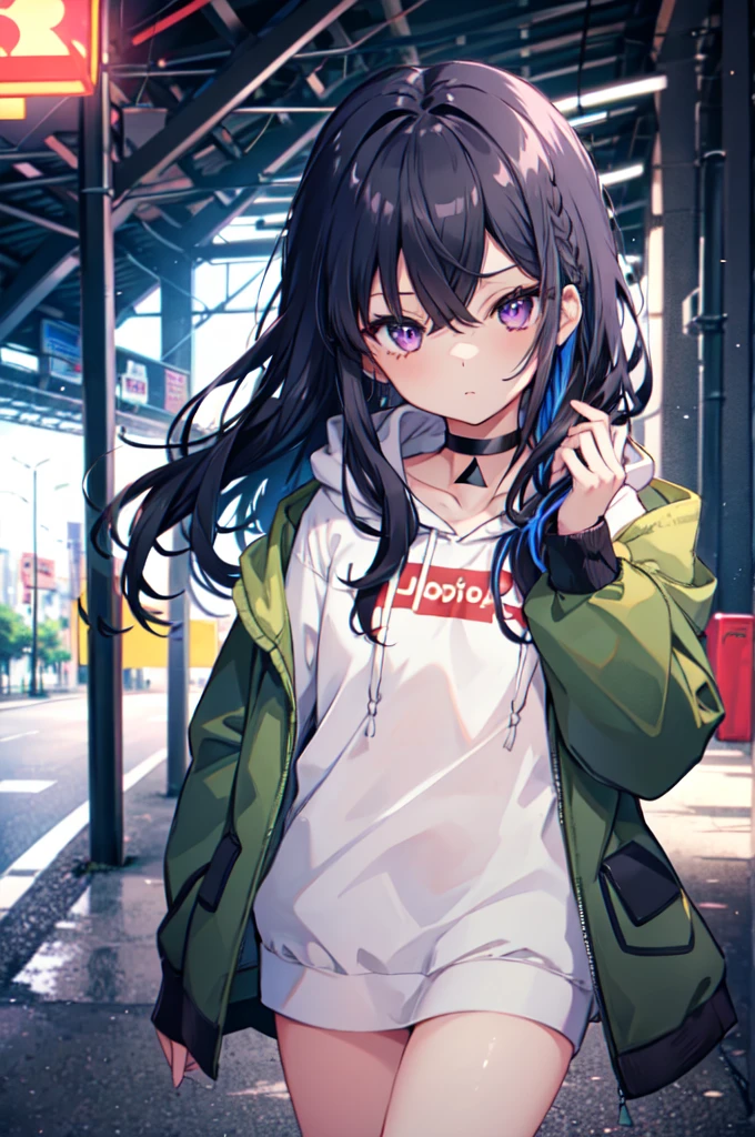 One Girl, alone, Aurha, Long Hair, Multicolored Hair, Black choker, White hoodie, Lower the hood, Green jacket, Open jacket, Bottomless, Anime Style, Pop Style