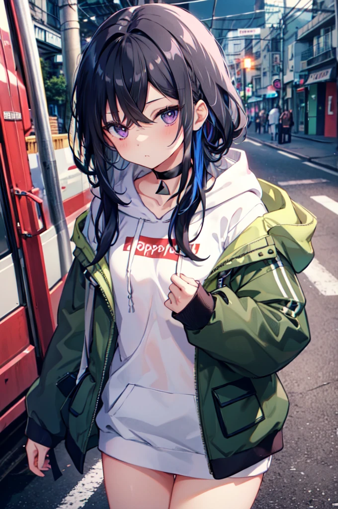 One Girl, alone, Aurha, Long Hair, Multicolored Hair, Black choker, White hoodie, Lower the hood, Green jacket, Open jacket, Bottomless, Anime Style, Pop Style