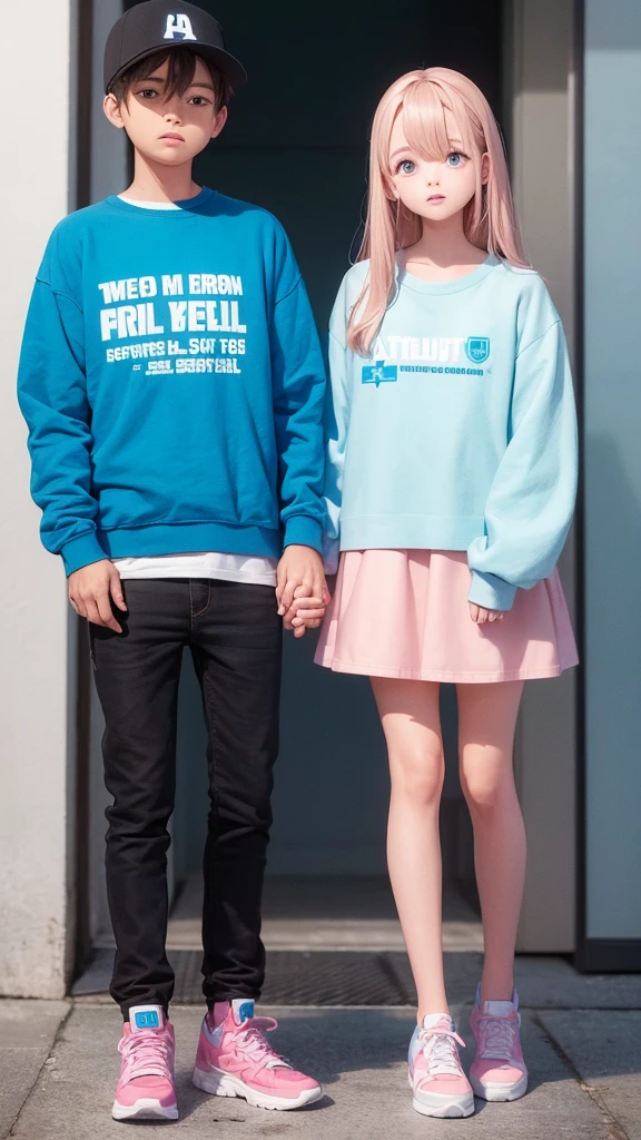boy and girl holding hands. The boy in the blue sweatshirt and the name written text "Abel" written on the sweatshirt and the girl in the pink sweatshirt with the name Estela, vibrant 3d render