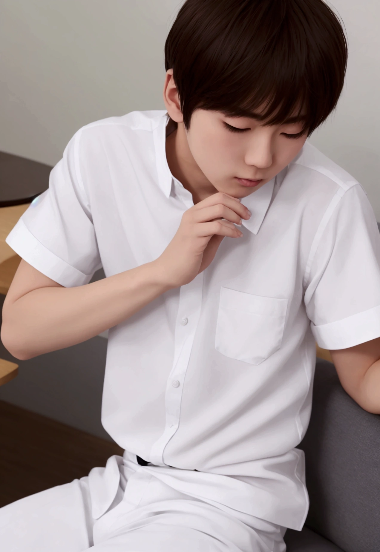 A huge white pearl,There sits a young man in a white shirt.