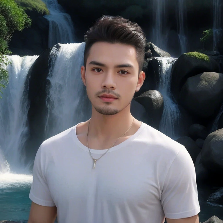Close-up photo, Southeast Asian man with a round face,black eyes,abdominal muscles, perfect body, outdoor, Warm light, The morning sun shines beautifully., (digital painting, HDR, high contrast), 3d, 8k, 45,000,000 pixcls, realistically,