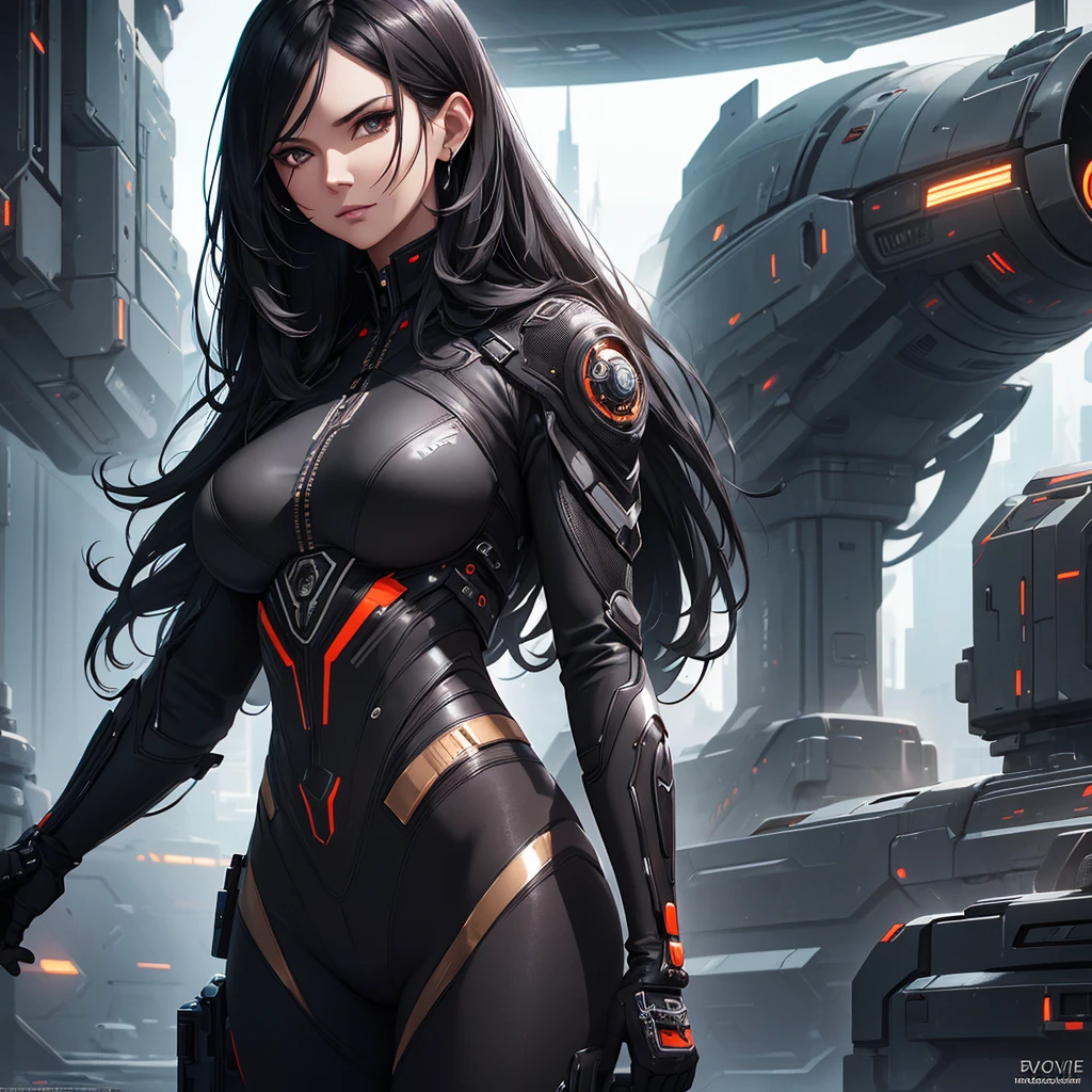 a mature woman with long black hair, brown eyes, a mocking expression, futuristic clothes, futuristic background, detailed face, high quality, photorealistic, 8k, best quality, intricate details, cinematic lighting, dramatic colors, moody atmosphere