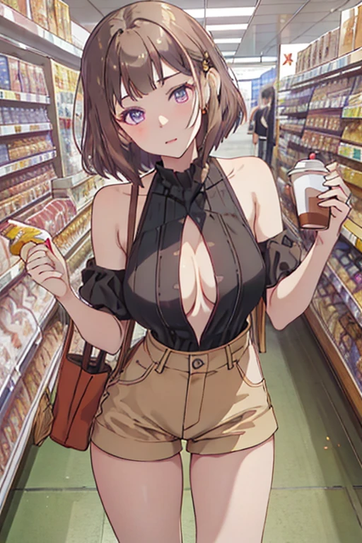 (masterpiece, Best Quality, ultra-detailed, high resolution, extremely detailed CG, official art, Professional Lighting, Perfect Anatomy, anime colors), (from below), looking at viewer, cowboy shot, perfect body, 24yo beautiful 1girl, medium hips, glamorous body,a small face,beautiful-makeup,Makeup light,Shortcut Hair,dark brown hair、Bust b Cup, Amazing Cleavage, thin waist, big ass, Raised sexy, big breast: 1.2 posed cleavage:1.2, (off shoulders,Sportsbra,legginullnude), micro denim shorts, bare legs, nail_polish, pale skin, Waiting friend, (morning:1.5), tokyo, (convenience store:1.3), outdoor, (depth of field:1.3), contrapposto, (Hold a coffee in your hand:1.3),delicate beautiful face, Bright magenta eyes, cute eyes, sparkling eyes, Big eyes, (big breasts:1.3), (perky chest:1.1), (pointed chest:1.3), looking at viewer,
