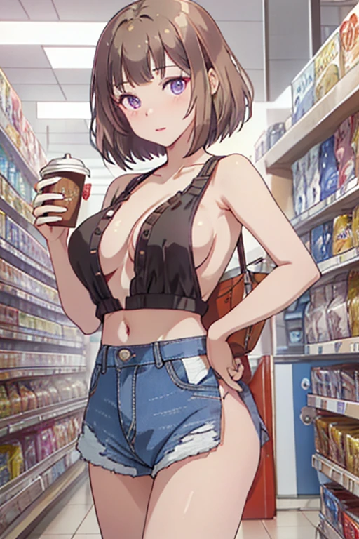 (masterpiece, Best Quality, ultra-detailed, high resolution, extremely detailed CG, official art, Professional Lighting, Perfect Anatomy, anime colors), (from below), looking at viewer, cowboy shot, perfect body, 24yo beautiful 1girl, medium hips, glamorous body,a small face,beautiful-makeup,Makeup light,Shortcut Hair,dark brown hair、Bust b Cup, Amazing Cleavage, thin waist, big ass, Raised sexy, big breast: 1.2 posed cleavage:1.2, (off shoulders,Sportsbra,legginullnude), micro denim shorts, bare legs, nail_polish, pale skin, Waiting friend, (morning:1.5), tokyo, (convenience store:1.3), outdoor, (depth of field:1.3), contrapposto, (Hold a coffee in your hand:1.3),delicate beautiful face, Bright magenta eyes, cute eyes, sparkling eyes, Big eyes, (big breasts:1.3), (perky chest:1.1), (pointed chest:1.3), looking at viewer,