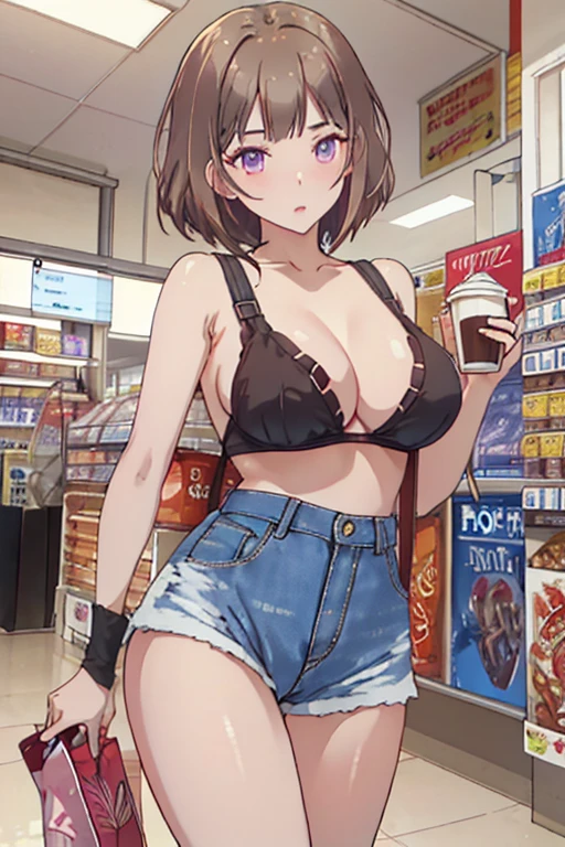 (masterpiece, Best Quality, ultra-detailed, high resolution, extremely detailed CG, official art, Professional Lighting, Perfect Anatomy, anime colors), (from below), looking at viewer, cowboy shot, perfect body, 24yo beautiful 1girl, medium hips, glamorous body,a small face,beautiful-makeup,Makeup light,Shortcut Hair,dark brown hair、Bust b Cup, Amazing , thin waist, big ass, Rai sexy, big bst: 1.2 poeavage:1.2, (off s,Sportsbra,legginullnude), micro denim shorts, bare legs, nail_polish, pale skin, Waiting friend, (morning:1.5), tokyo, (convenience store:1.3), outdoor, (depth of field:1.3), contrapposto, (Hold a coffee in your hand:1.3),delicate beautiful face, Bright magenta eyes, cute eyes, sparkling eyes, Big eyes, (big breasts:1.3), (perky cheointed chest:1.3), looking at viewer,