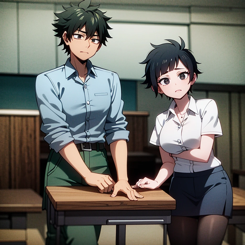Deku and a girl with short black hair and black eyes talking in the classroom 1. To with kachan