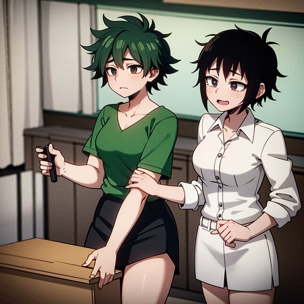 Deku and a girl with short black hair and black eyes talking in the classroom 1. To with kachan