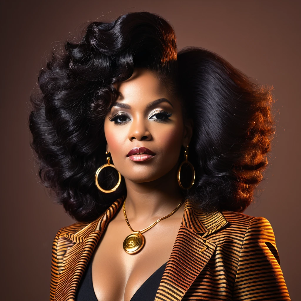 1 beautiful black female, 1970s retro style, vinyl album cover, R&B music, Cookie Eaton, (best quality,4k,8k,highres,masterpiece:1.2),ultra-detailed,(realistic,photorealistic,photo-realistic:1.37),studio lighting,fine details,vibrant colors,analog textures,dramatic lighting,moody atmosphere,glamorous portrait,confident pose,natural hair,hoop earrings,Clock Out