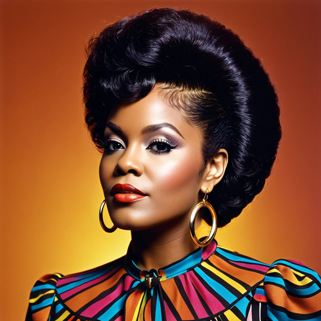 1 beautiful black female, 1970s retro style, vinyl album cover, R&B music, Cookie Eaton, (best quality,4k,8k,highres,masterpiece:1.2),ultra-detailed,(realistic,photorealistic,photo-realistic:1.37),studio lighting,fine details,vibrant colors,analog textures,dramatic lighting,moody atmosphere,glamorous portrait,confident pose,natural hair,hoop earrings,Clock Out