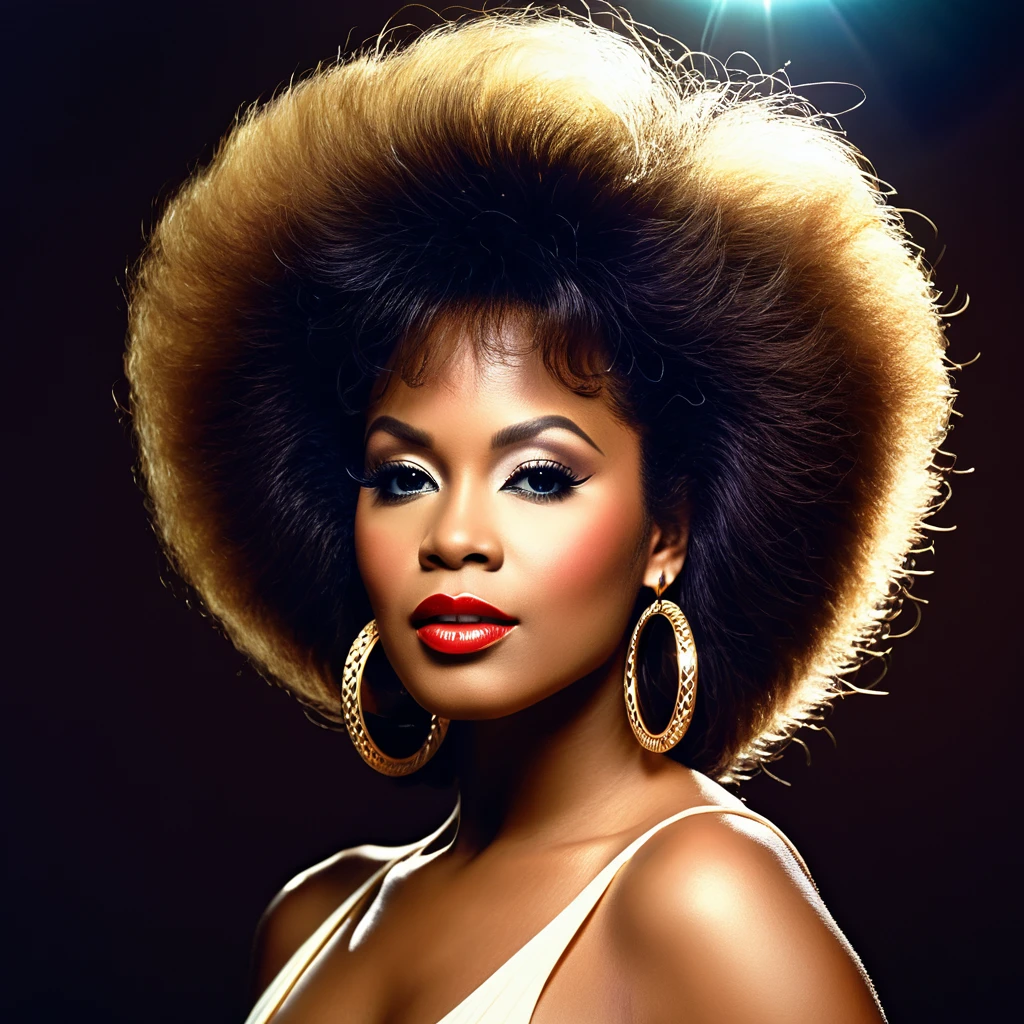 1 beautiful black female, 1970s retro style, vinyl album cover, R&B music, Cookie Eaton, (best quality,4k,8k,highres,masterpiece:1.2),ultra-detailed,(realistic,photorealistic,photo-realistic:1.37),studio lighting,fine details,vibrant colors,analog textures,dramatic lighting,moody atmosphere,glamorous portrait,confident pose,natural hair,hoop earrings,Clock Out