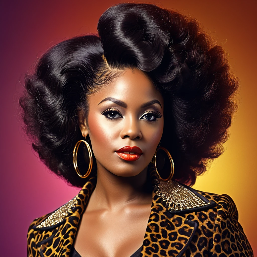 1 beautiful black female, 1970s retro style, vinyl album cover, R&B music, Cookie Eaton, (best quality,4k,8k,highres,masterpiece:1.2),ultra-detailed,(realistic,photorealistic,photo-realistic:1.37),studio lighting,fine details,vibrant colors,analog textures,dramatic lighting,moody atmosphere,glamorous portrait,confident pose,natural hair,hoop earrings,Clock Out