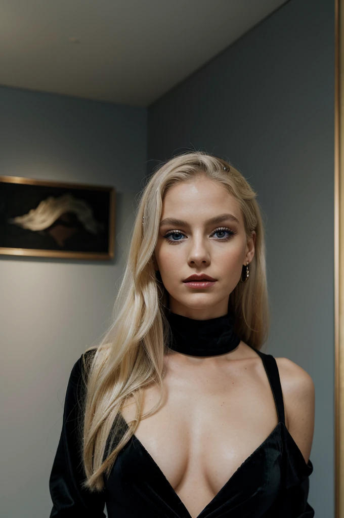 Full-body image of a woman at an art gallery opening. She has long platinum blonde hair, styled sleekly, and captivating blue eyes. Dressed in a sophisticated black velvet gown and minimalist jewelry, her appearance is chic and refined. Her makeup is artistic, with a bold red lip. The shot captures her from a three-quarter angle as she admires a piece of modern art, reflecting her cultured side."