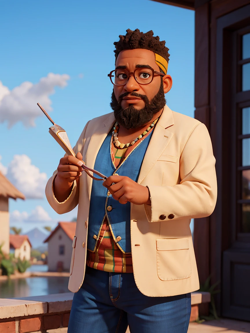Create a majestic 3D render of an African-descendant professor with short hair and a beard, wearing glasses and clothing with African fabric details. The professor should have a medium build, balanced between slender and chubby. The style should be reminiscent of a cinematic, Pixar-esque movie poster, crafted using cutting-edge Unreal Engine, Octane Engine, and V-Ray technologies.

