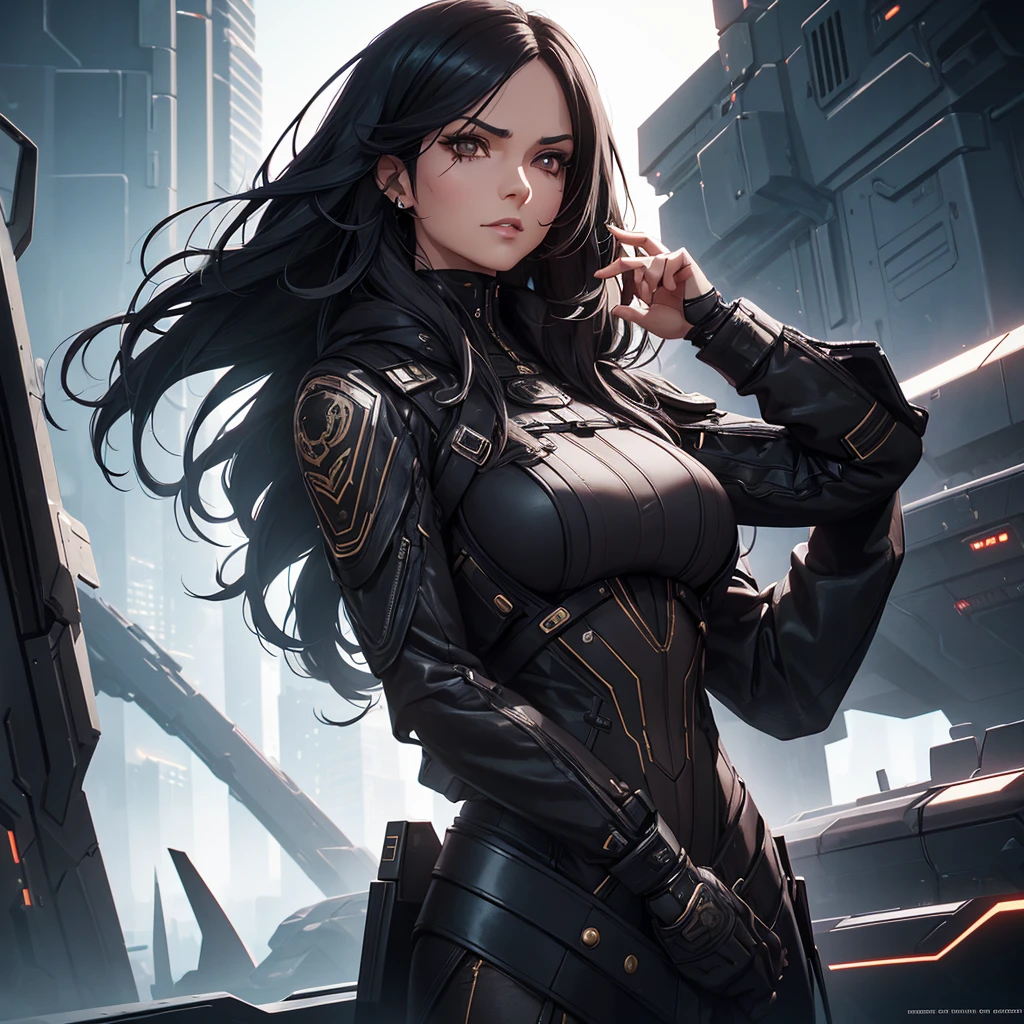 a mature woman with long black hair, brown eyes, a mocking expression, futuristic clothes, futuristic background, detailed face, high quality, photorealistic, 8k, best quality, intricate details, cinematic lighting, dramatic colors, moody atmosphere