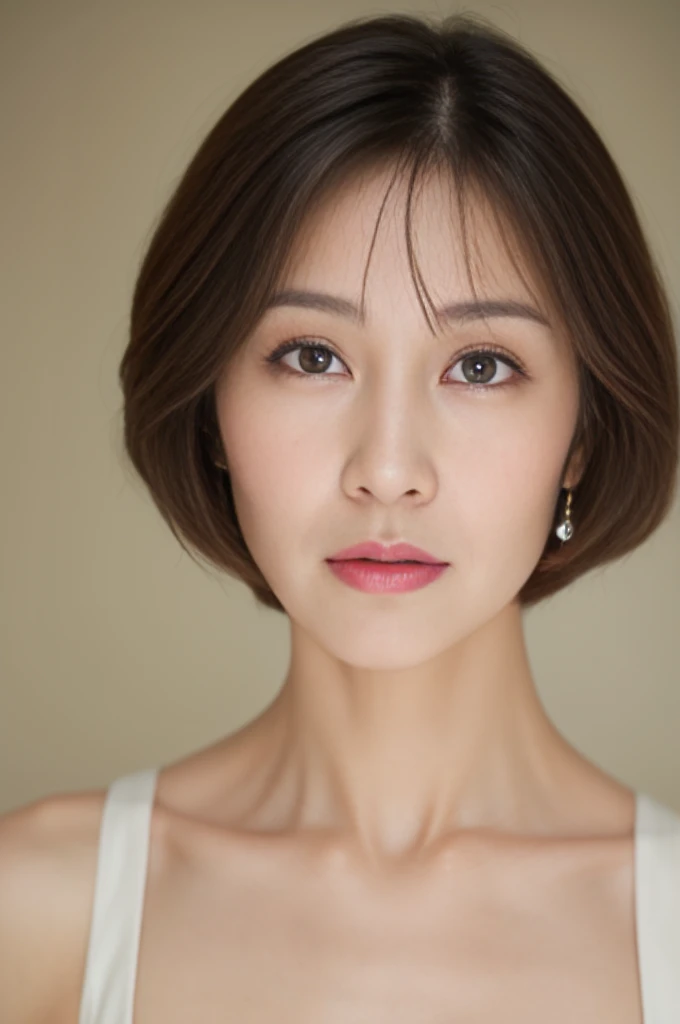 top-quality,40 year old woman,Colossal ,so short hair,well-muscled,Beautiful face,Slender eyes,Thick lip,Thin makeup,blusher,Realistic wrinkles,Exposing breasts,