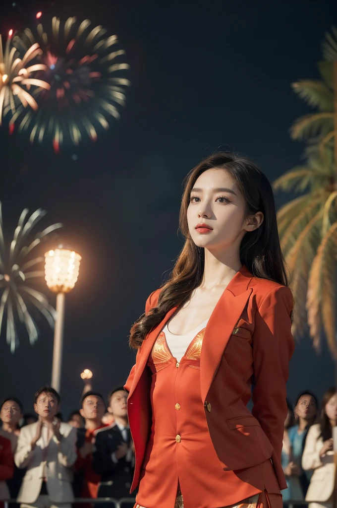 (((best quality))),(((ultra detailed))),(((masterpiece))),illustration, ((Olympic Opening Ceremony,in Paris,summer night,magnificent National stadium of France,Olympic flame, fireworks)),(crowded crowds of enthusiastic spectators:1.3),((a beautiful Chinese girl,solo)),((shoulder length straight hair:1.2)),((slim,thin)),((small breasts,flat chest)),(red blazer:1.5),(yellow dress:1.2),(slender legs:1.2),excited expression, awe, celebrating, electric atmosphere, sense of pride, excitement, playing field, crowd energy, unity, camaraderie, representing China, historic event, memorable moment,((standing,arms behind back)),((from front,upper body))