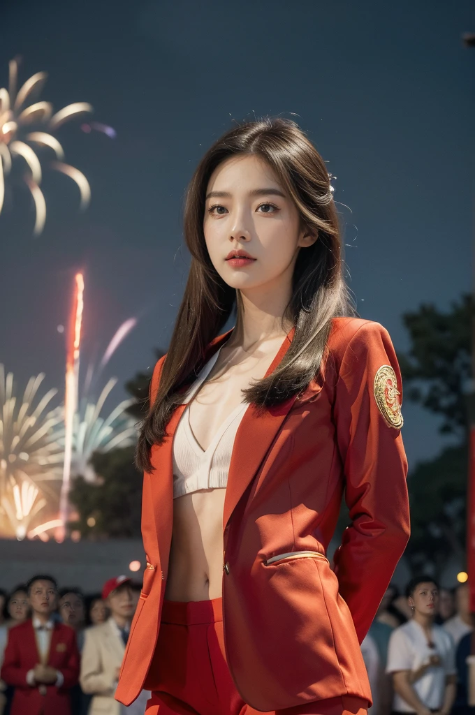 (((best quality))),(((ultra detailed))),(((masterpiece))),illustration, ((Olympic Opening Ceremony,in Paris,summer night,magnificent National stadium of France,Olympic flame, fireworks)),(crowded crowds of enthusiastic spectators:1.3),((a beautiful Chinese girl,solo)),((shoulder length straight hair:1.2)),((slim,thin)),((small breasts,flat chest)),(red blazer:1.5),(yellow dress:1.2),(slender legs:1.2),excited expression, awe, celebrating, electric atmosphere, sense of pride, excitement, playing field, crowd energy, unity, camaraderie, representing China, historic event, memorable moment,((standing,arms behind back)),((from front,upper body))