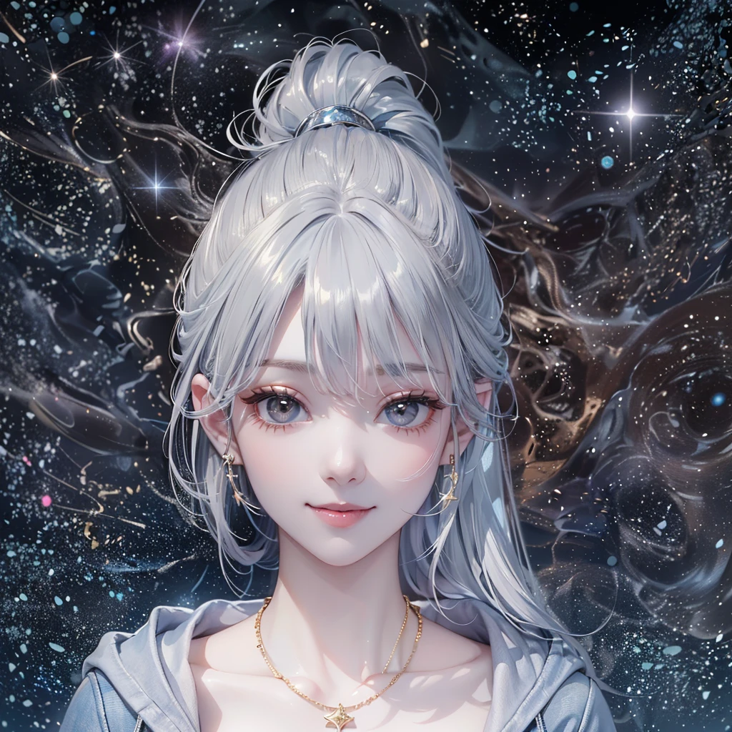(((Correct anatomy)))，((Highest quality，masterpiece，一位Mature棕眼美女，Super thin air parted bangs，Light blue denim gray hooded jacket，Blue gray high ponytail super long straight hair，Double sideburn curly hair，Hair ends curled in，Gray powder clothes，Exposed clavicle，Show all ears))，((Mature，Smile slightly，Look at the camera head-on))，starry sky galaxy background，Matte denim texture，round earrings，Gold thin round necklace